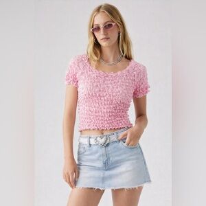 F.C Pink Popcorn Textured Stretch Top Women Short Sleeve Smocked Y2K Crop